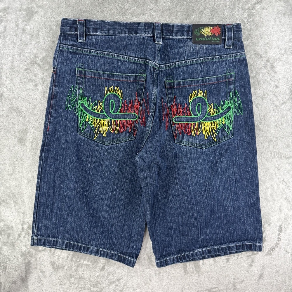 Y2K Evolution Shorts Mens 40 Blue Denim Rainbow Rasta Embroidered Pockets